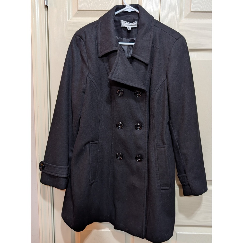 Anne Klein Minimalist Wool Blend Double Breasted Pea Coat Black XL